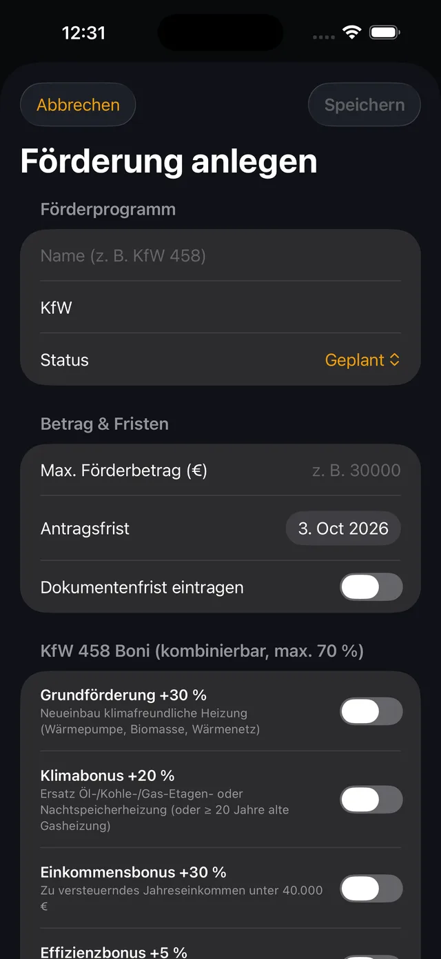 Baumio iOS – Materialliste